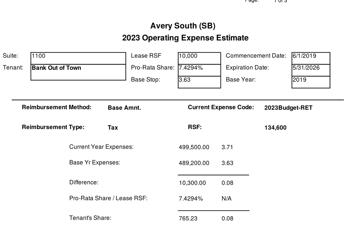 Tenant statement for one suite: lease square feet, pro-rata share, base year, current year expenses, difference, and the tenant’s monthly reimbursement.