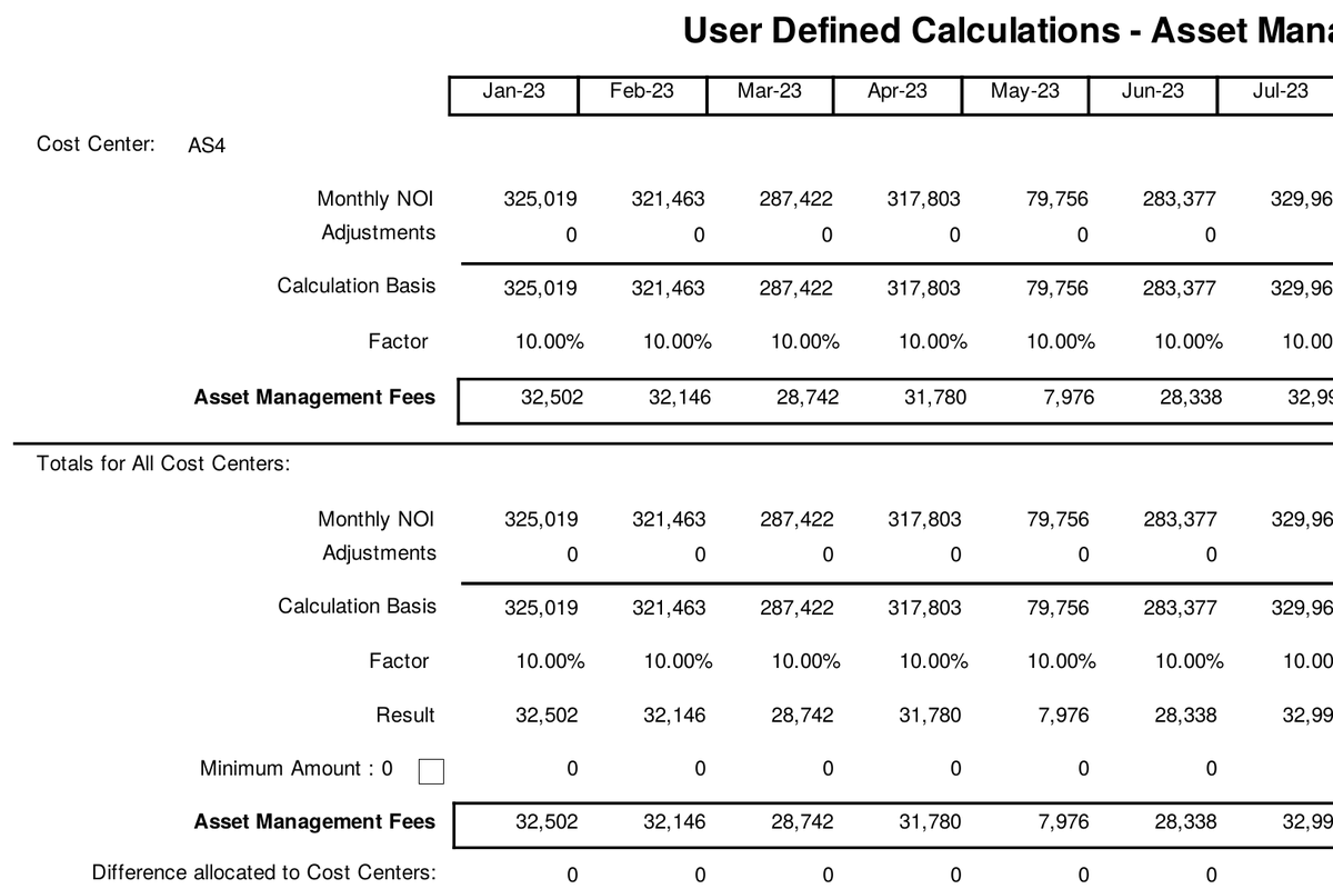 User Defined Calculations for asset management fees: monthly NOI, adjustments, calculation basis, rate, and resulting fee by cost center.