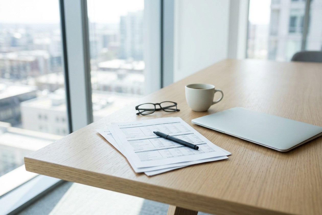 Printed budget reports, reading glasses, a coffee cup and a closed laptop on a conference table beside a window overlooking the city