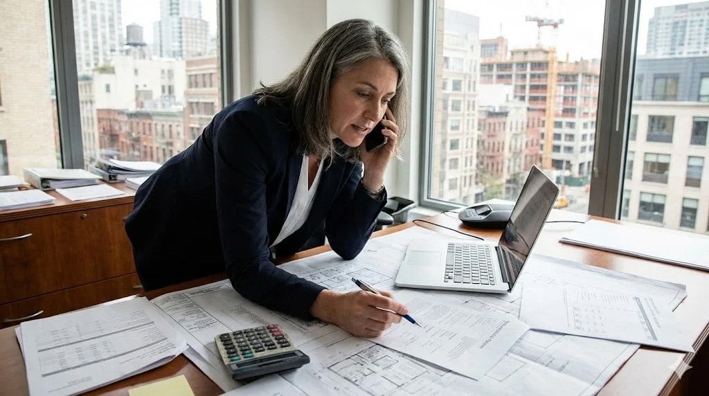 Property manager reviewing budget reports and recovery statements at her desk