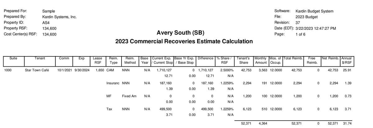 Kardin Commercial Recoveries Estimate Calculation report showing tenant-level CAM, insurance, and tax reimbursements with reimbursement method, base year, pro-rata share, and occupancy